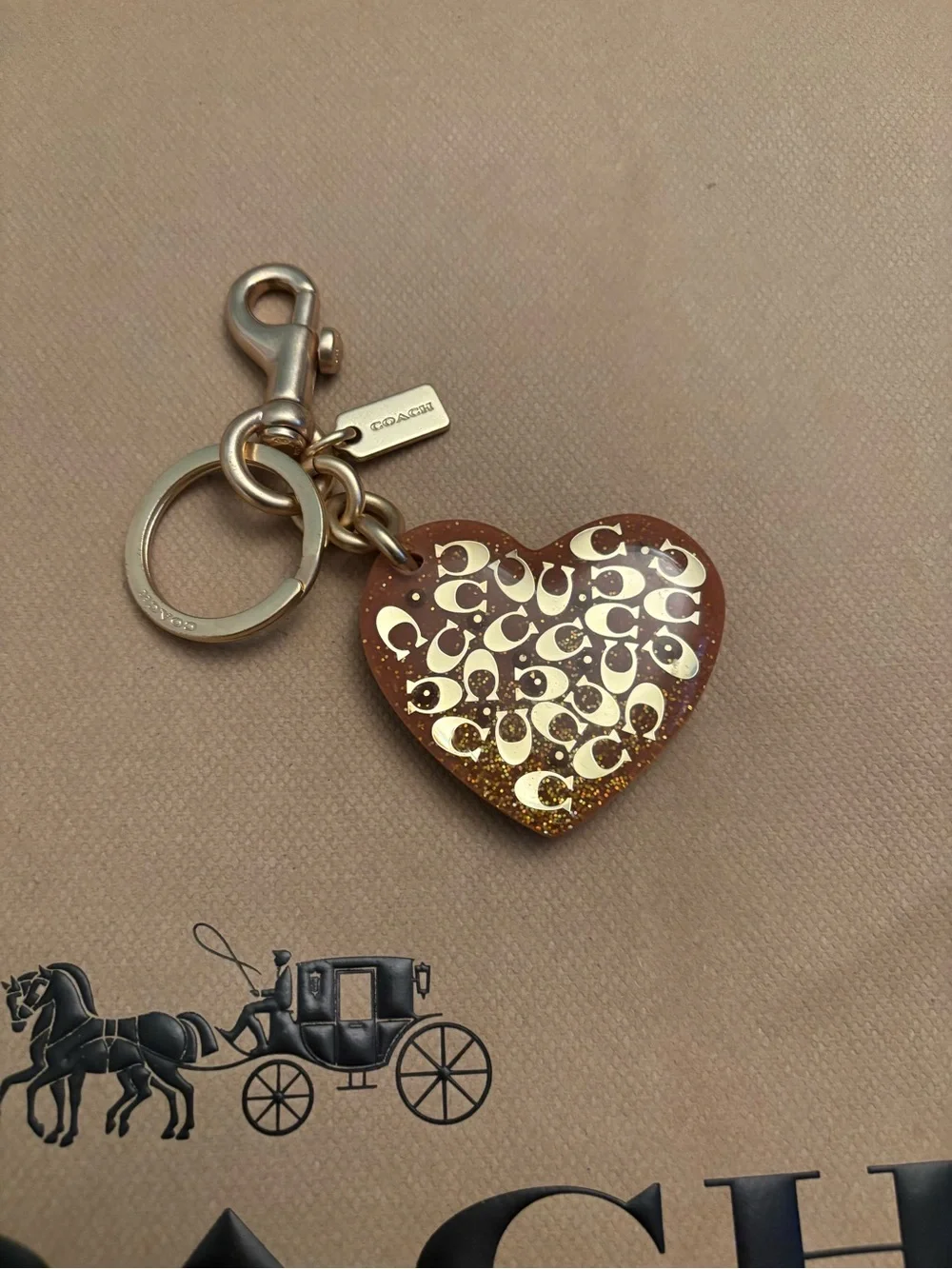 Coach Heart-Shaped Key & Card Holder Charm in Brown and Gold